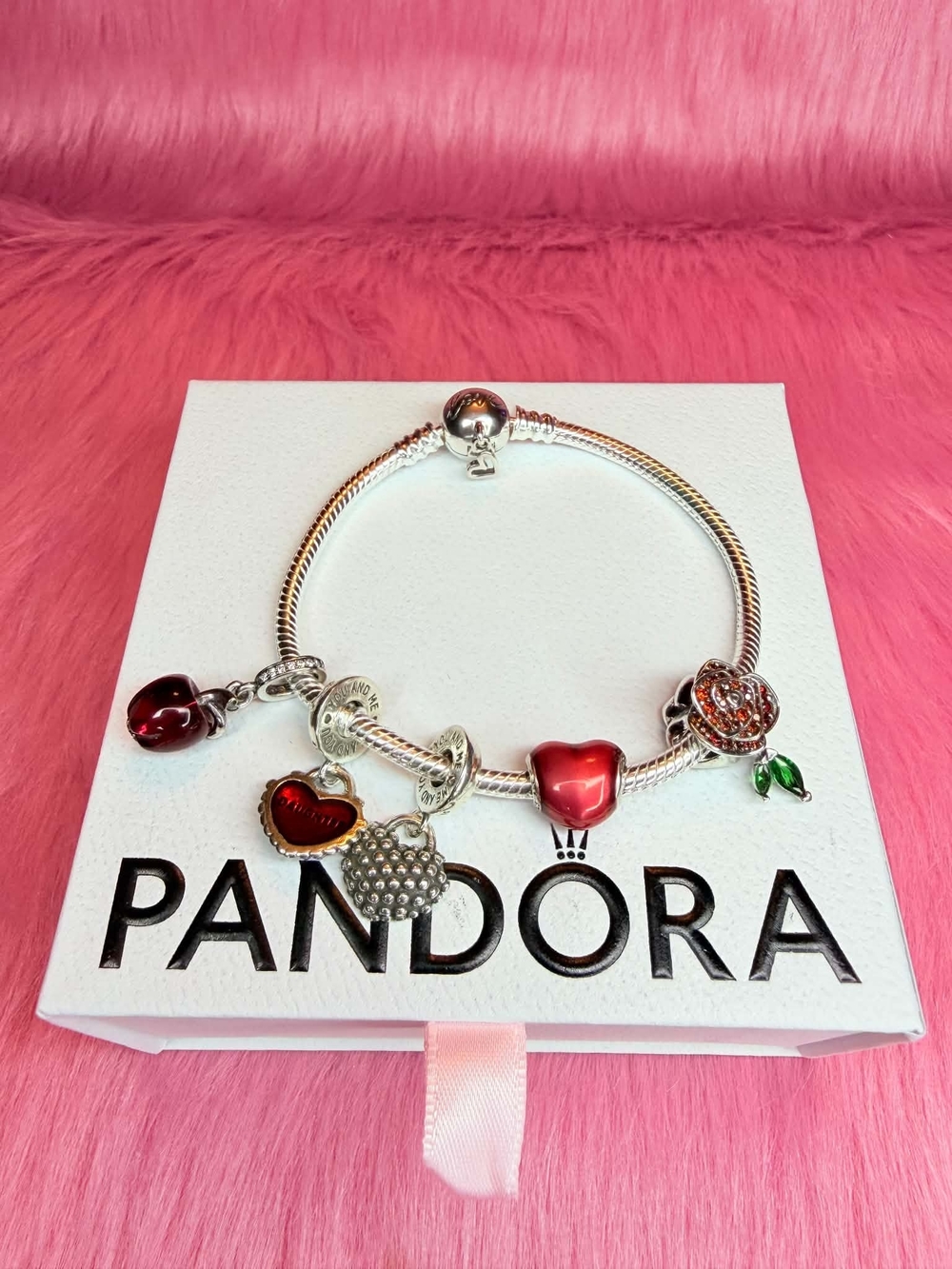 Pandora Silver Charm Bracelet with Red and Green Accents